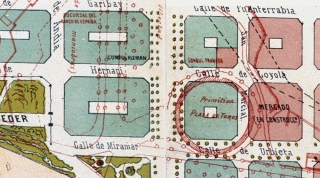 Plaza de toros sobre un plano de San Sebastián de 1882 en donde se ven los antiguos caminos y construcciones