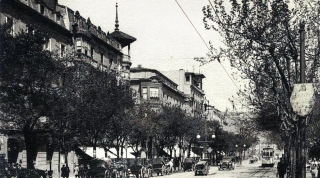 Coches de punto aparcados en la Avenida hacia 1920
